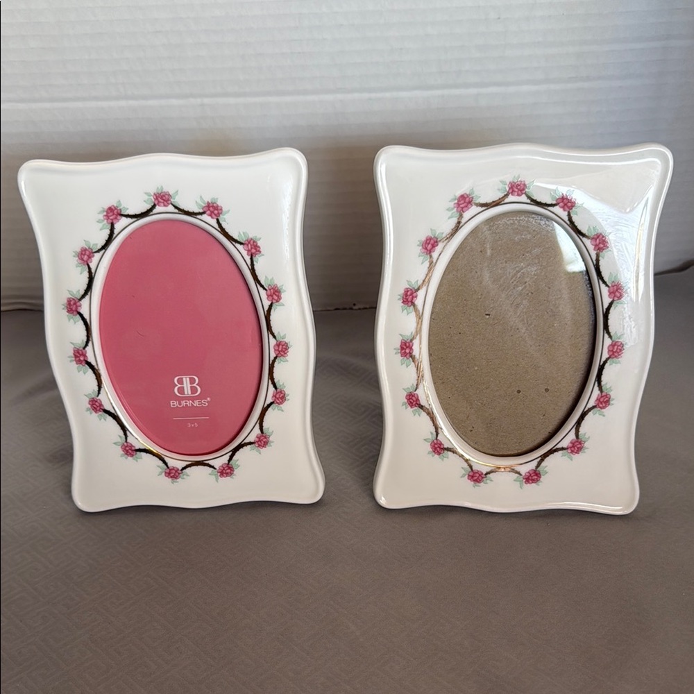Vintage Burnes Elegant Pink and White Floral Ceramic Frames Set of Two 3”X5”
